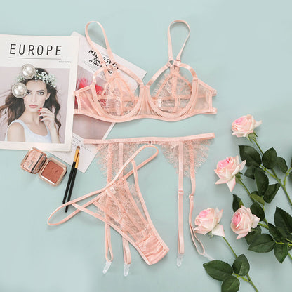 Lencería erótica de encaje para mujer, traje de tres piezas multicolor