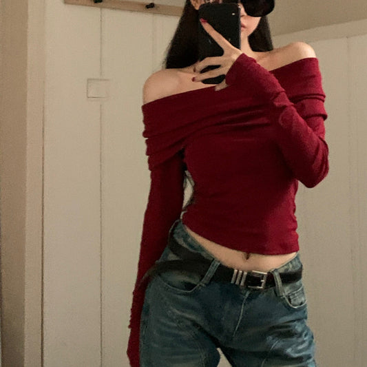 Vintage One-shoulder Long-sleeved Knitwear For Women