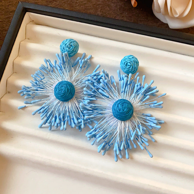 Silver Needle Fabric Flower Pendant Earrings For Women