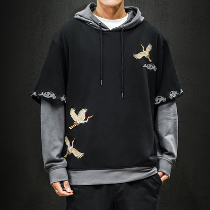 Crane Embroidered Hooded Long Sleeve Top