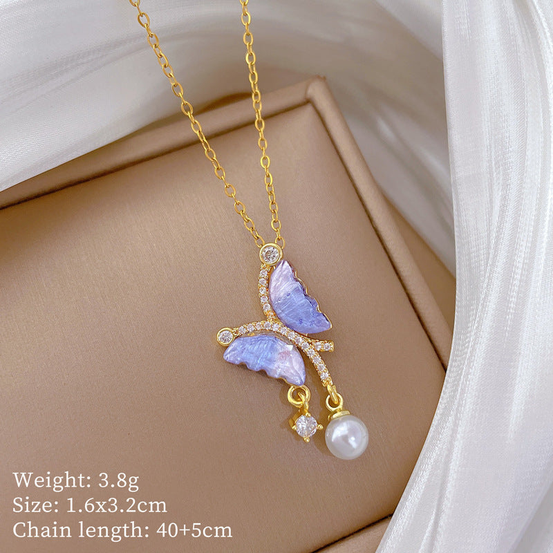 Blue Butterfly Pearl Full Diamond Necklace Women