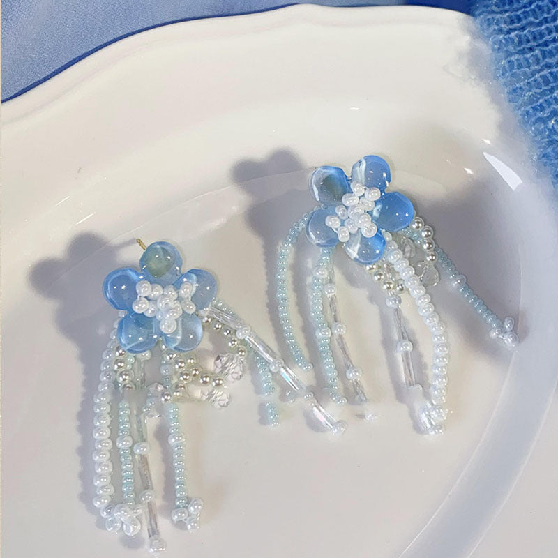 Silver Needle Fabric Flower Pendant Earrings For Women
