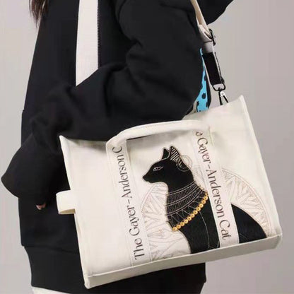 Schultertasche aus Canvas mit Katzenstickerei