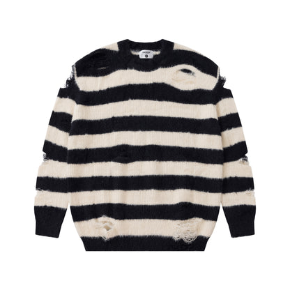 Men's And Women's Same Maychao Striped Round Neck Ripped Pullover Sweater