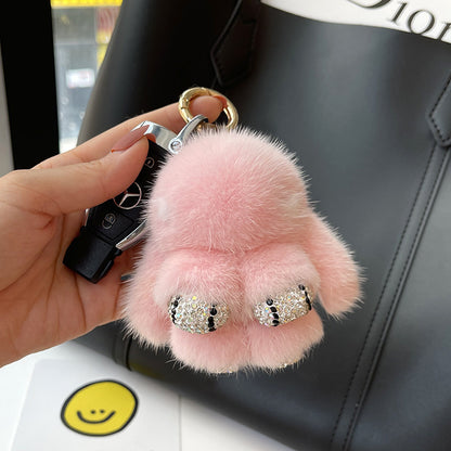 Llavero con colgante de conejo rojo de red de peluche de visón