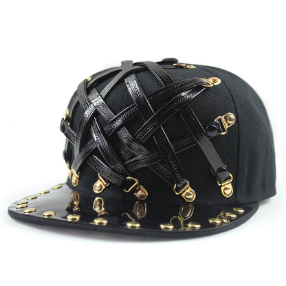 Gorra plana estilo hip hop de cuero en forma de T, estilo punk europeo y americano, para hombres y mujeres