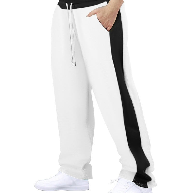 Stitching Contrast Color Loose Straight Drawstring Leisure Pants Men - BAGMODA