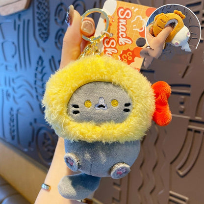 Llavero de peluche con forma de gato de cacao y snacks