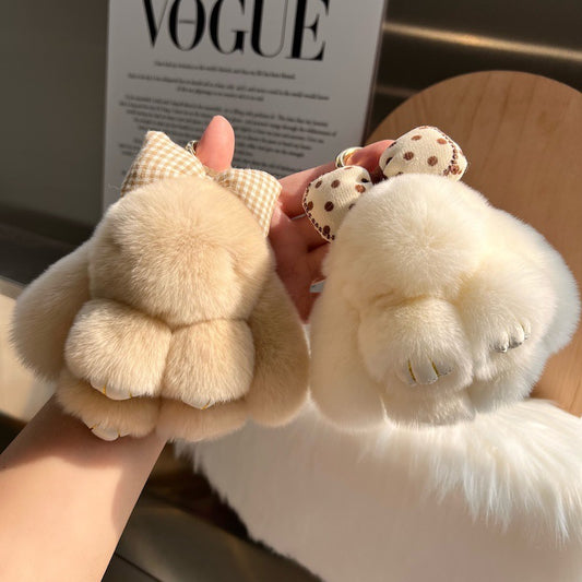 Cute Real Rex Rabbit Hair Bow Bunny Car Key Ring Pendant