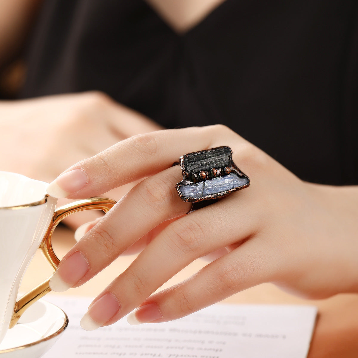 Blue Crystal Bronze Plated Double-headed Ring