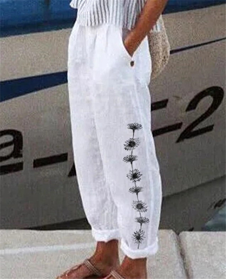 Cotton And Linen Printed Loose Track Pants Women