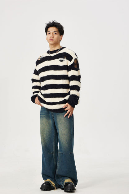 Men's And Women's Same Maychao Striped Round Neck Ripped Pullover Sweater