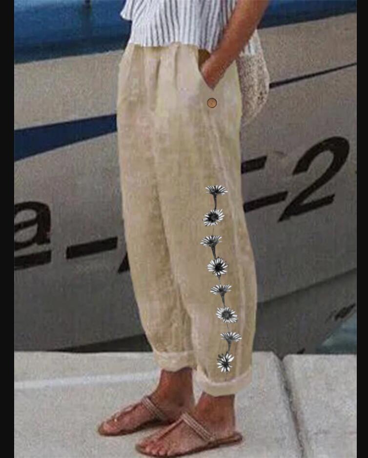 Cotton And Linen Printed Loose Track Pants Women
