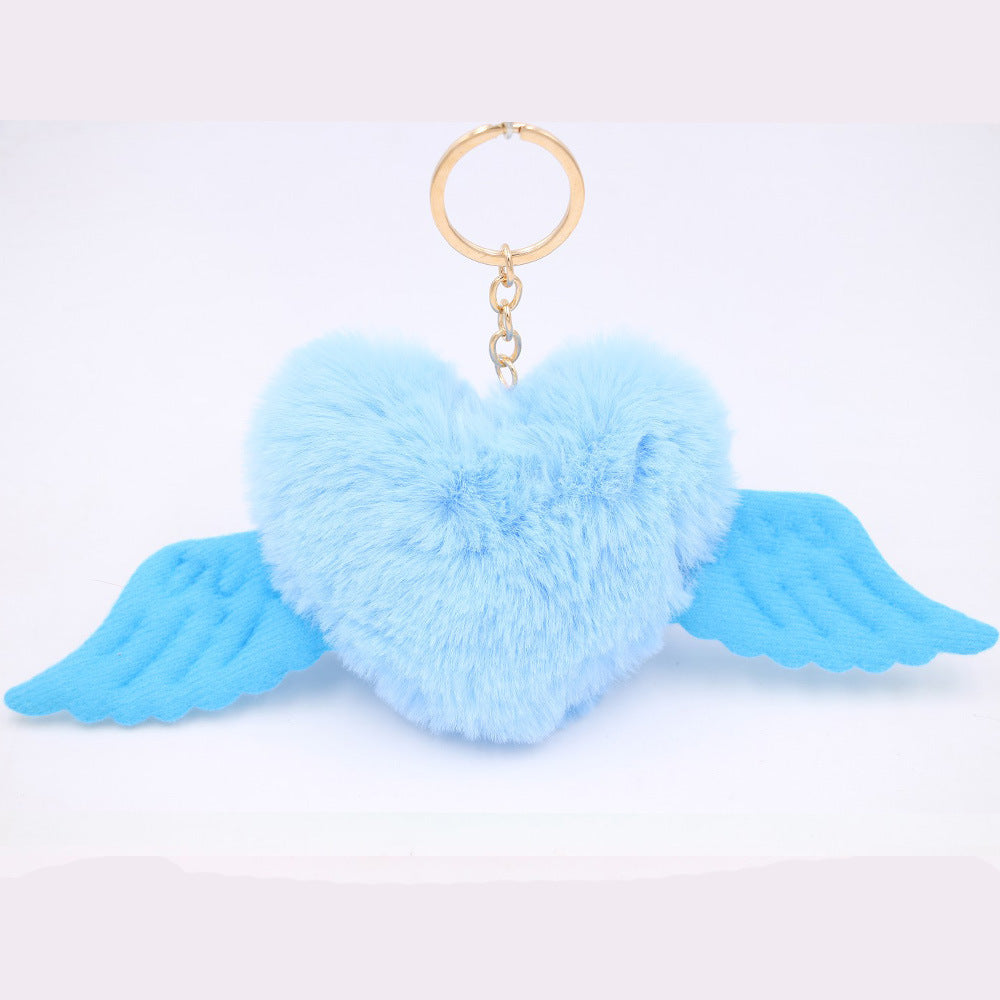 Peach Heart Wings Heart Wool Ball Keychain Pendant