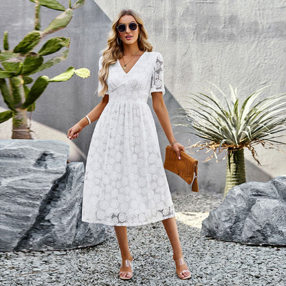 Mode V-Ausschnitt Spitzenkleid Sommer Elegante Kurzarm Lange Kleider für Frauen