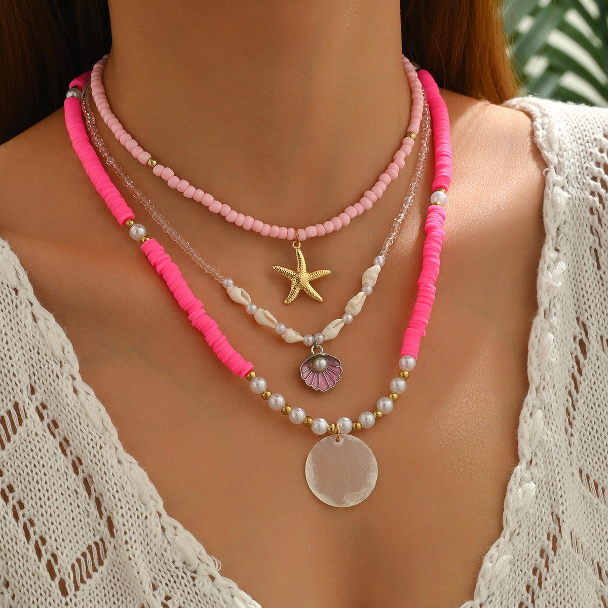 Collar de cuentas de arcilla polimérica para mujer, concha multicapa, cadena doble para clavícula