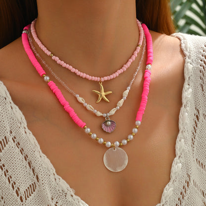 Collar de cuentas de arcilla polimérica para mujer, concha multicapa, cadena doble para clavícula