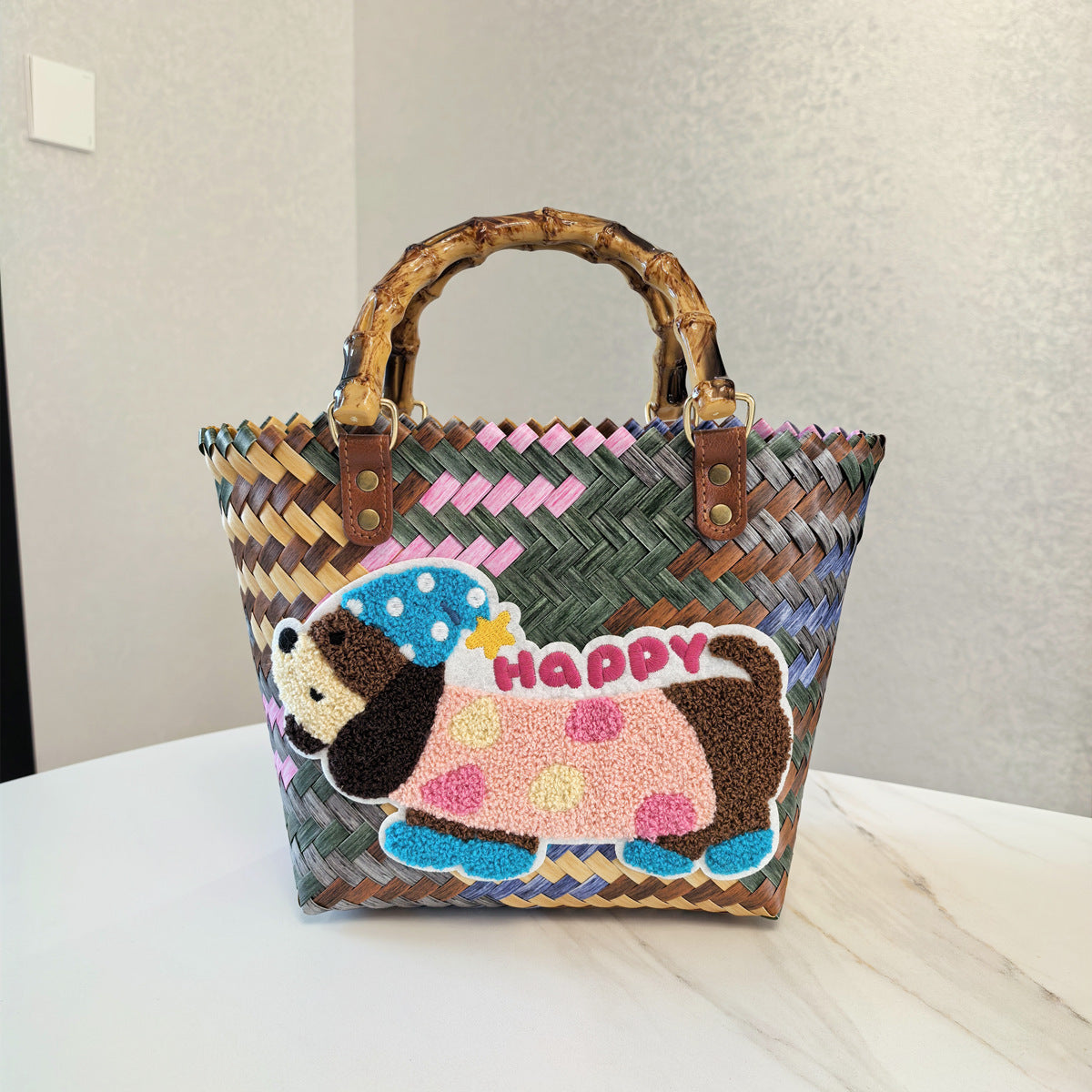 Vintage Stripe Sausage Dog Woven Bag