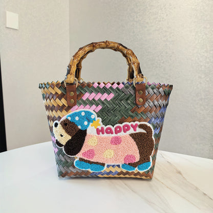 Bolso tejido vintage con diseño de perro salchicha a rayas