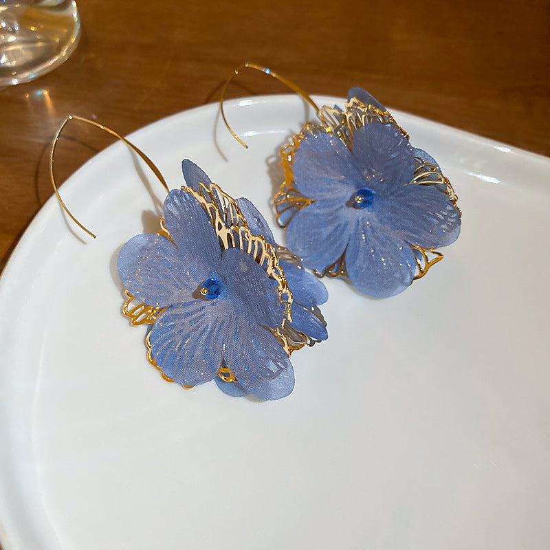 Silver Needle Fabric Flower Pendant Earrings For Women
