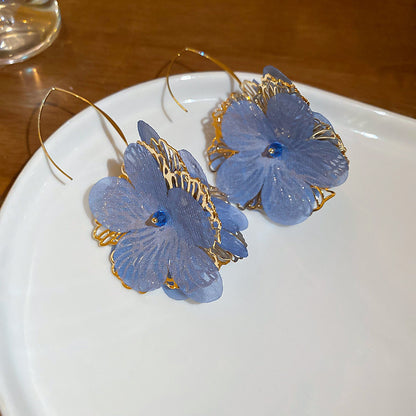 Pendientes colgantes de flores de tela con aguja de plata para mujer