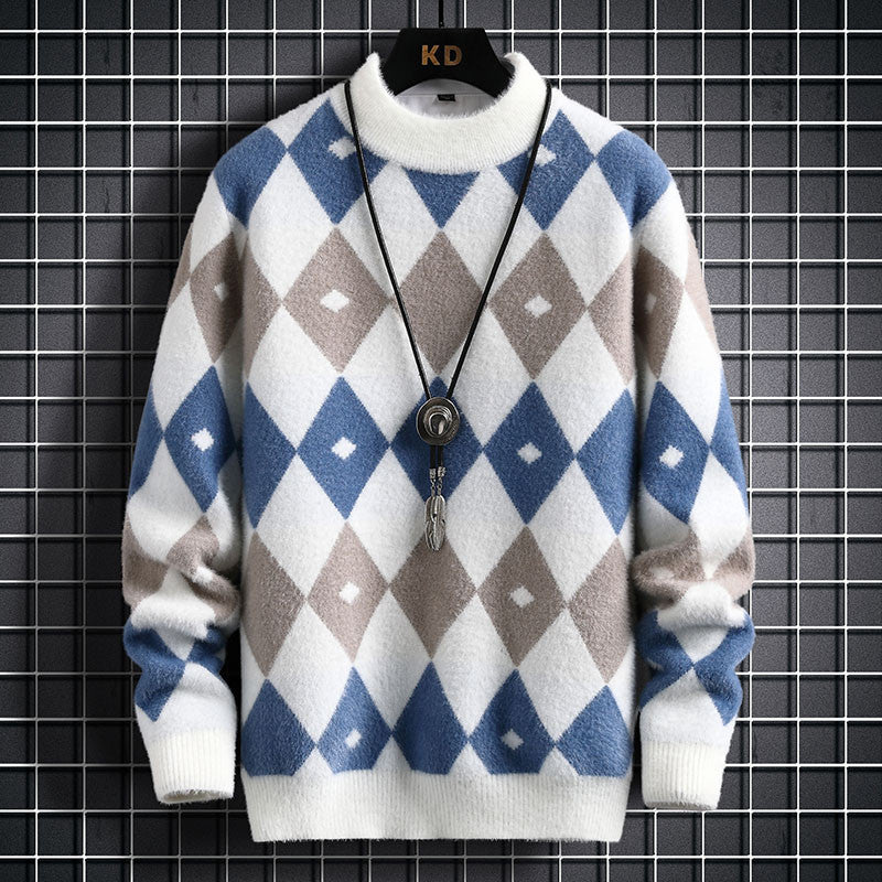 Personalized Knitting Men's Plush Thickened Top Long-sleeved Round Neck Sweater