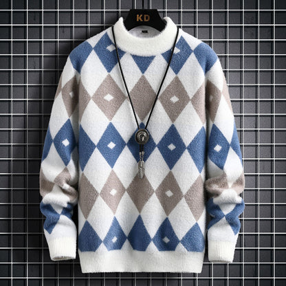 Personalized Knitting Men's Plush Thickened Top Long-sleeved Round Neck Sweater