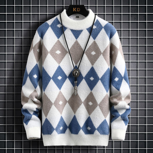 Personalized Knitting Men's Plush Thickened Top Long-sleeved Round Neck Sweater