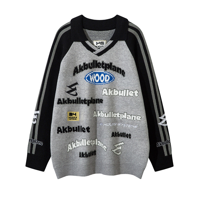 American Street Fashion Lapel Locomotive Style Letter Jacquard Men's And Women's Sweaters