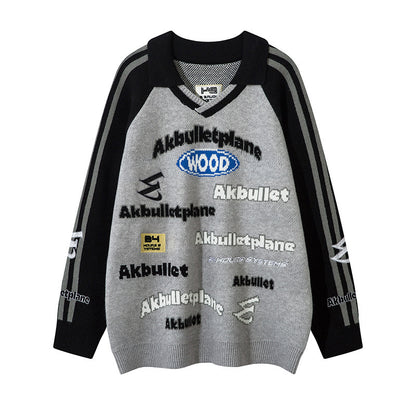 American Street Fashion Lapel Locomotive Style Letter Jacquard Men's And Women's Sweaters