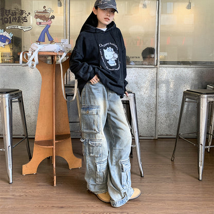 Street Work Design Jeans Pocket Stitching Weite Beinhose Damen