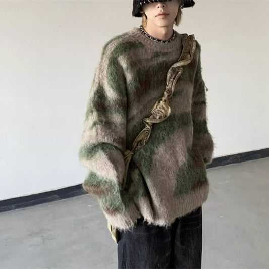Contrast Color Stripes Idle Style Winter Loose Retro New Mohair Knitwear Sweater