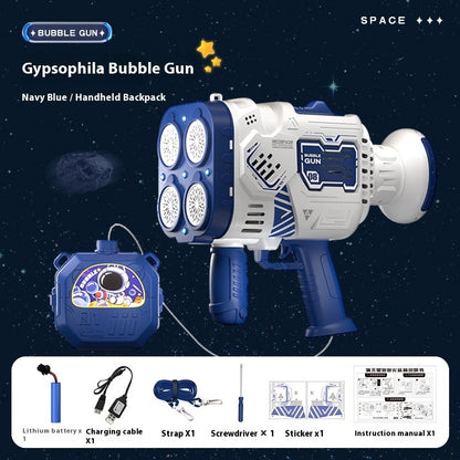 Pistola de burbujas, cohete, máquina de burbujas de jabón, lanzador espacial eléctrico que sigue produciendo burbujas con luz LED.