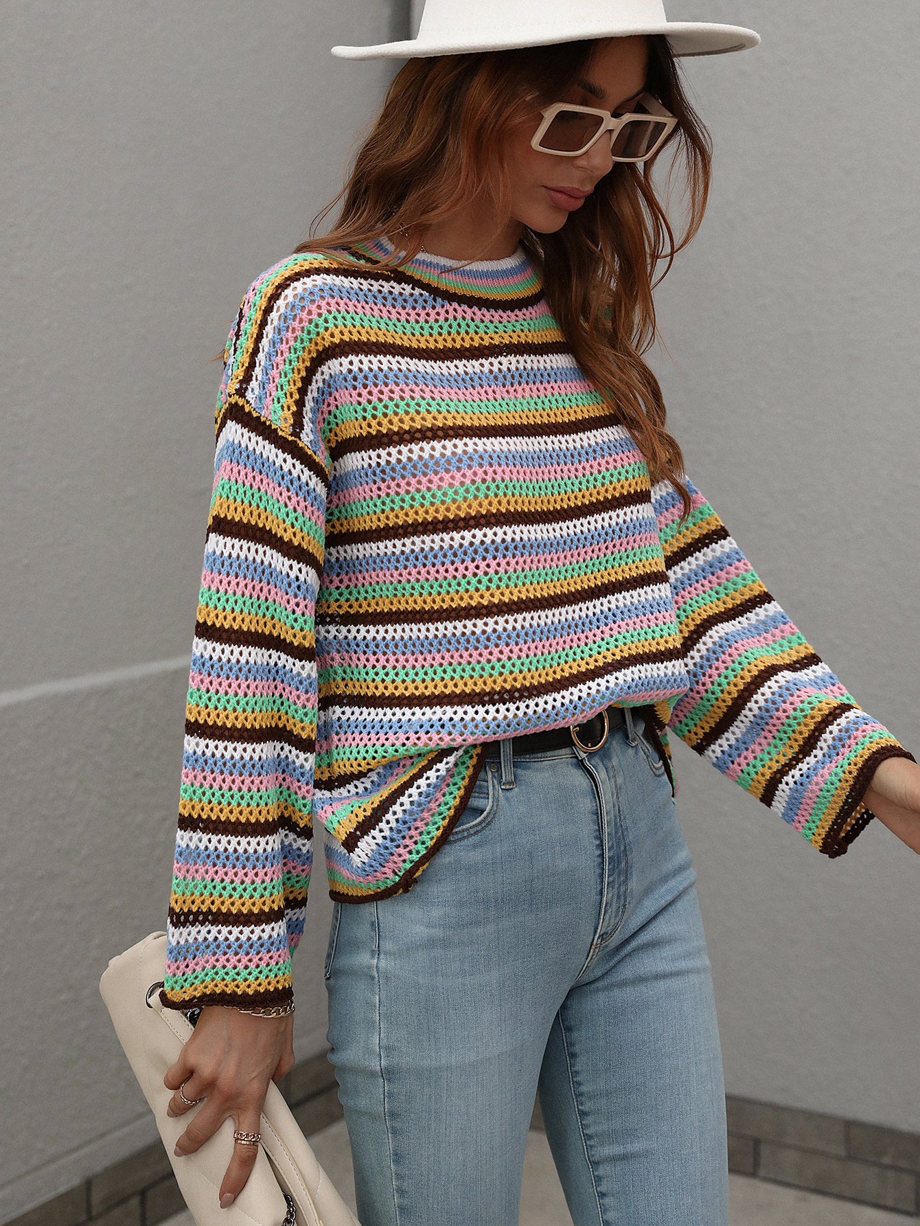 European And American Stitching Knitwear Women's Loose Cross-color Foreign Trade Round Neck Striped Sweater Women