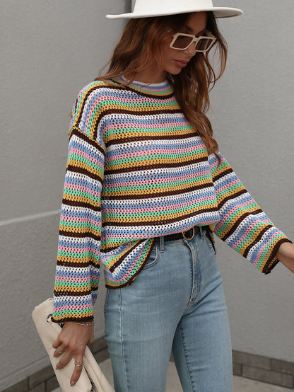 Suéter de punto con cuello redondo y rayas para mujer, holgado, de comercio exterior, con costuras europeas y americanas