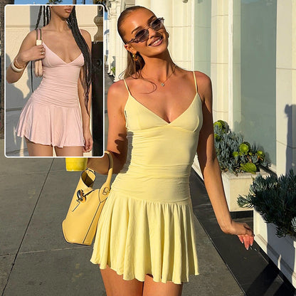 Vestido sexy con tirantes y cuello en V, moda Y2K, ajustado, con volantes, corto, para mujer