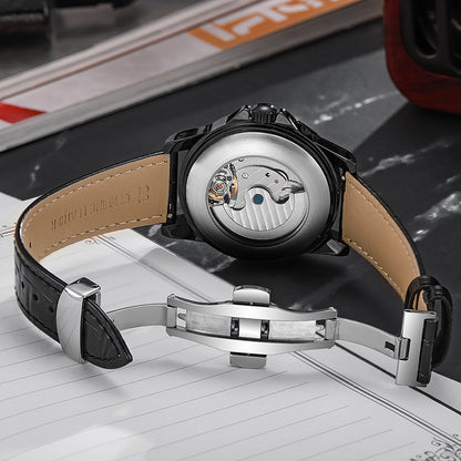 Reloj automático de cuero y acero, de lujo, luminoso y resistente al agua.
