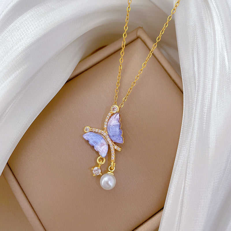 Blue Butterfly Pearl Full Diamond Necklace Women