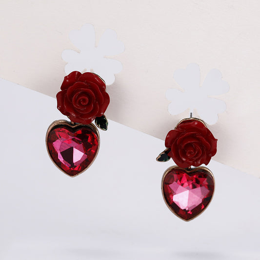 Exquisite Love Rose Earrings Mori Style Simple Heart-shaped