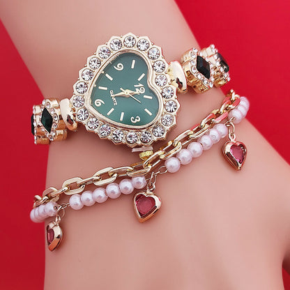 Conjunto de reloj y pulsera de moda con forma de corazón de diamantes de cuarzo, conjunto de joyería de moda para mujer, regalo de San Valentín