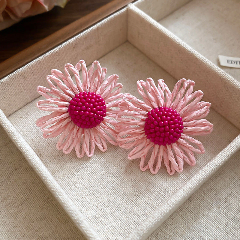 Silver Needle Fabric Flower Pendant Earrings For Women