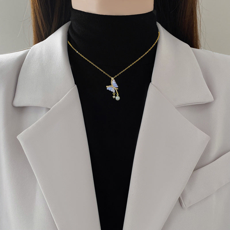 Blue Butterfly Pearl Full Diamond Necklace Women