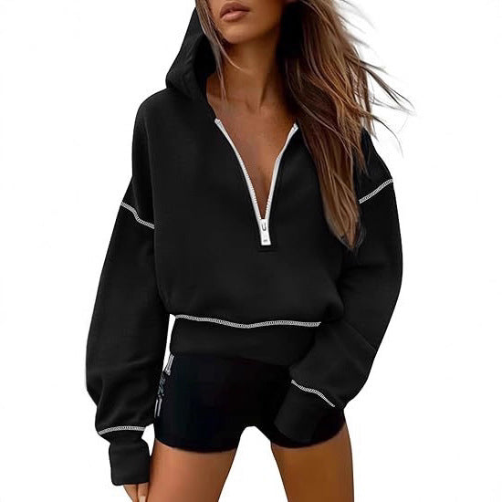 Hooded Sweatshirt Long Sleeve Half Zip Cropped Sweatshirt Fashionable Casual Women Autumn And Winter
