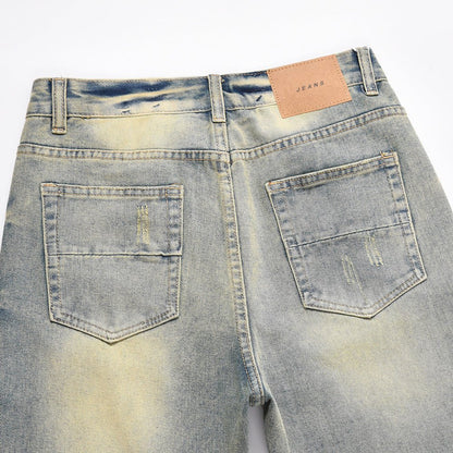 Distressed Scratches Denim Straight - leg Pants Men - BAGMODA