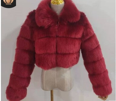Chaqueta ligera de lujo para mujer con solapa de imitación de piel de zorro y manga larga con costuras