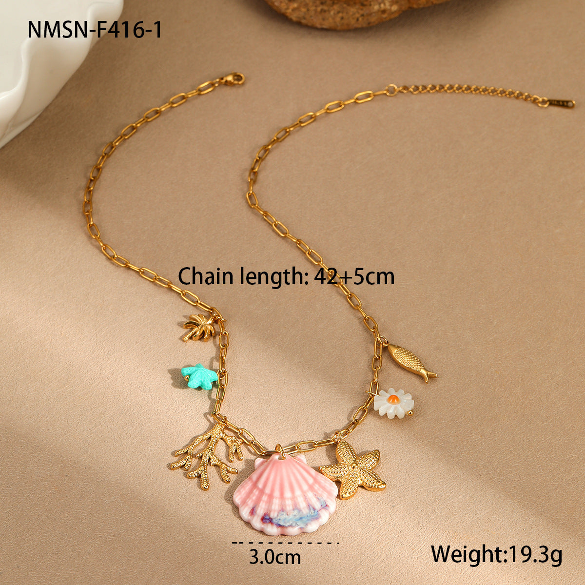 Fan Shell Starfish Ocean Vacation Style Necklace Stainless Steel Plated 18K