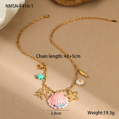 Collar estilo vacaciones océano con estrella de mar y concha de abanico, chapado en acero inoxidable de 18 quilates