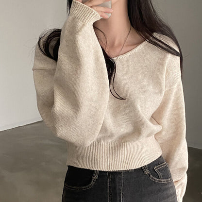 Herbst V-Ausschnitt Langarm Strickwaren Damen Lose Kurzpullover