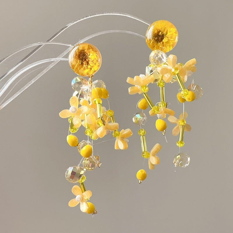 Silver Needle Fabric Flower Pendant Earrings For Women