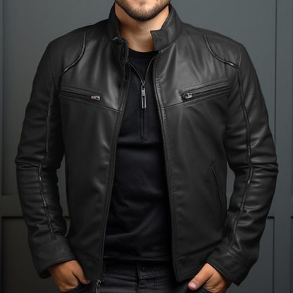 Chaqueta de cuero para motociclista con cuello alto para hombre